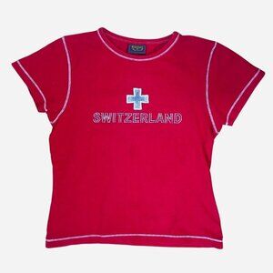 Vintage 90s Y2K 2000s Stretchy Switzerland Spellout Cap Sleeve Baby Tee Medium